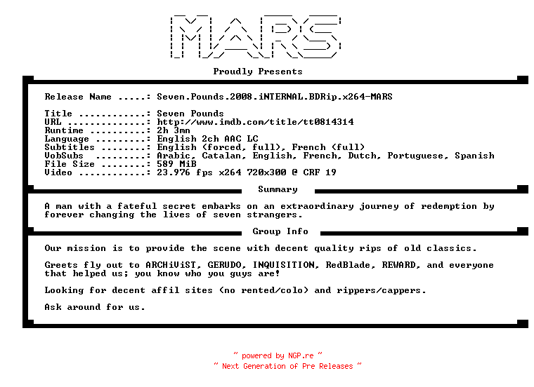 NFO for the release Seven.Pounds.2008.iNTERNAL.BDRip.x264-MARS by MARS