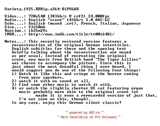 NFO for the release Variety.1925.BDRip.x264-BiPOLAR by BiPOLAR