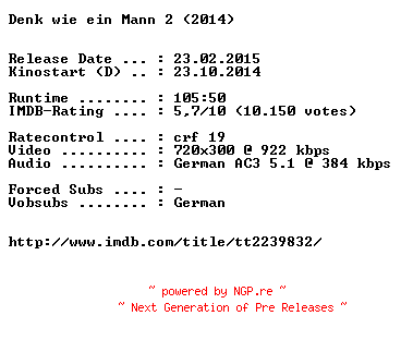 NFO for the release Denk.wie.ein.Mann.2.German.BDRiP.x264-EXQUiSiTE by EXQUiSiTE