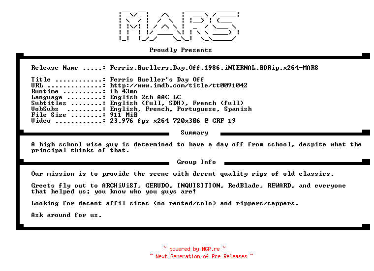 NFO for the release Ferris.Buellers.Day.Off.1986.iNTERNAL.BDRip.x264-MARS by MARS
