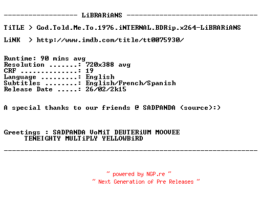 NFO for the release God.Told.Me.To.1976.iNTERNAL.BDRip.x264-LiBRARiANS by LiBRARiANS