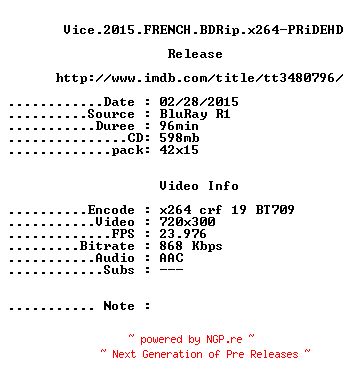 NFO for the release Vice.2015.FRENCH.BDRip.x264-PRiDEHD by PRiDEHD