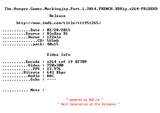 NFO for the release The.Hunger.Games.Mockingjay.Part.1.2014.FRENCH.BDRip.x264-PRiDEHD by PRiDEHD