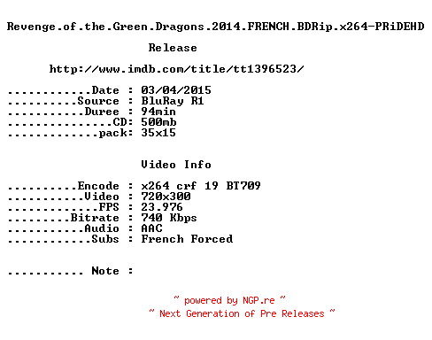 NFO for the release Revenge.of.the.Greeen.Dragons.2014.FRENCH.BDRip.x264-PRiDEHD by PRiDEHD