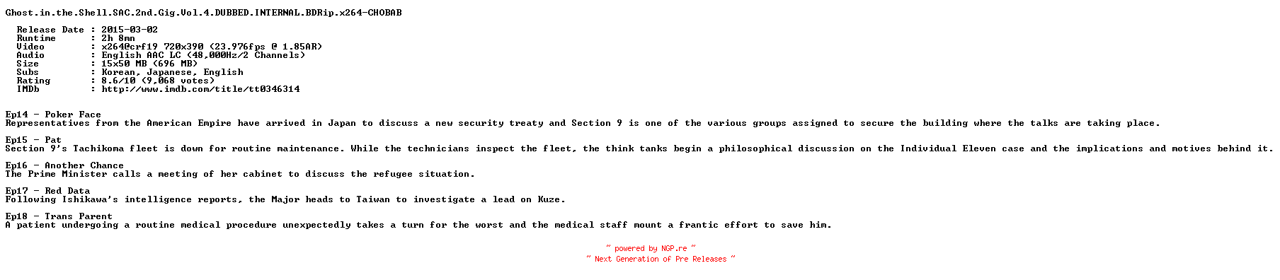 NFO for the release Ghost.in.the.Shell.SAC.2nd.Gig.Vol.4.DUBBED.INTERNAL.BDRip.x264-CHOBAB by CHOBAB