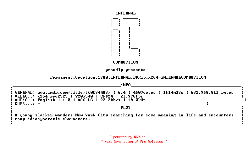NFO for the release Permanent.Vacation.1980.iNTERNAL.BDRip.x264-iNTERNALCOMBUSTiON by iNTERNALCOMBUSTiON