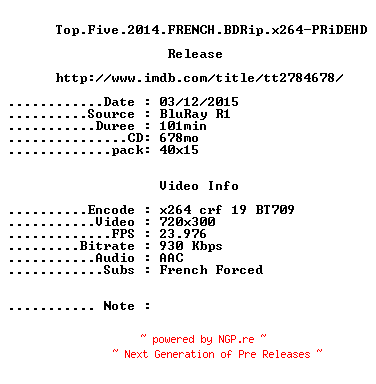 NFO for the release Top.Five.2014.FRENCH.BDRip.x264-PRiDEHD by PRiDEHD