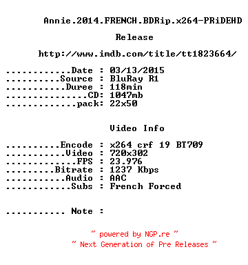 NFO for the release Annie.2014.FRENCH.BDRip.x264-PRiDEHD by PRiDEHD