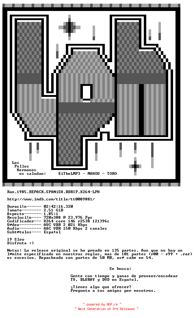 NFO for the release Ran.1985.REPACK.SPANiSH.BDRIP.X264-LPH by LPH