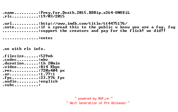 NFO for the release Prey.for.Death.2015.BDRip.x264-UNVEiL by UNVEiL