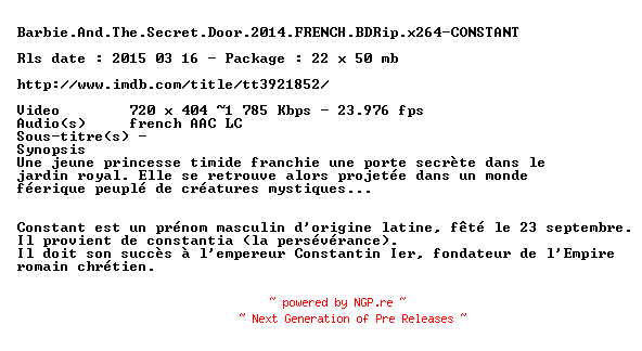 NFO for the release Barbie.And.The.Secret.Door.2014.FRENCH.BDRip.x264-CONSTANT by CONSTANT