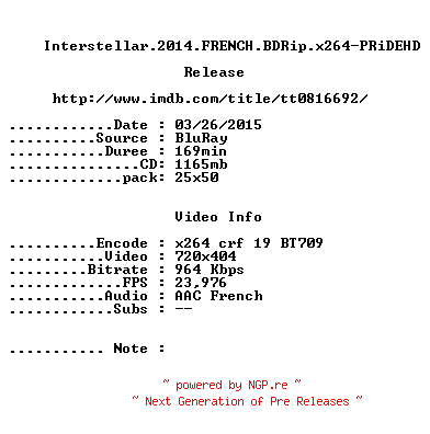 NFO for the release Interstellar.2014.FRENCH.BDRip.x264-PRiDEHD by PRiDEHD