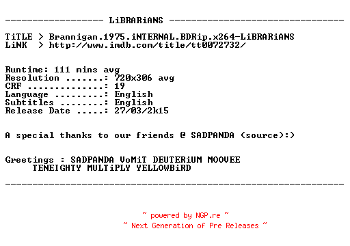 NFO for the release Brannigan.1975.iNTERNAL.BDRip.x264-LiBRARiANS by LiBRARiANS
