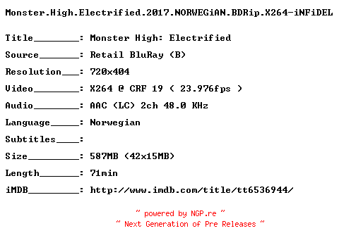 NFO for the release Monster.High.Electrified.2017.NORWEGiAN.BDRip.X264-iNFiDEL by iNFiDEL