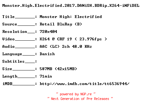 NFO for the release Monster.High.Electrified.2017.DANiSH.BDRip.X264-iNFiDEL by iNFiDEL