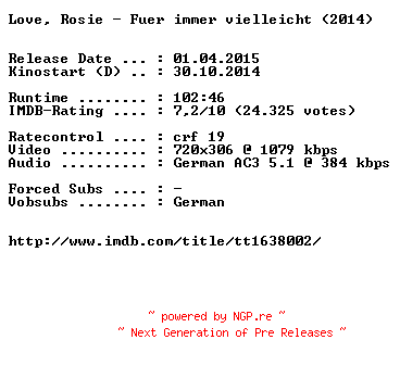 NFO for the release Love.Rosie.Fuer.immer.vielleicht.German.BDRiP.x264-EXQUiSiTE by EXQUiSiTE