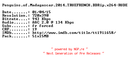 NFO for the release Penguins.of.Madagascar.2014.TRUEFRENCH.BDRip.x264-RUDE by RUDE
