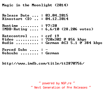 NFO for the release Magic.in.the.Moonlight.German.BDRiP.x264-EXQUiSiTE by EXQUiSiTE