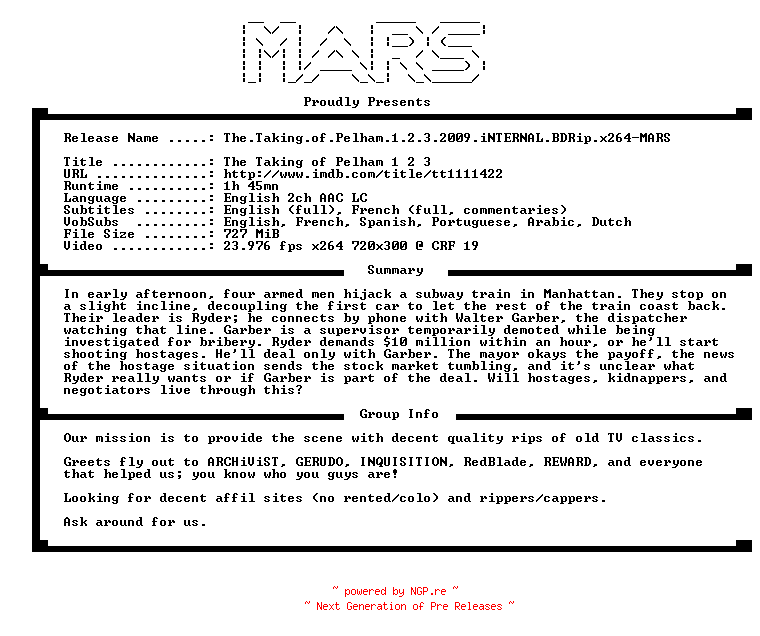 NFO for the release The.Taking.of.Pelham.1.2.3.2009.iNTERNAL.BDRip.x264-MARS by MARS