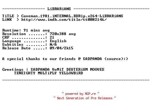 NFO for the release Caveman.1981.iNTERNAL.BDRip.x264-LiBRARiANS by LiBRARiANS