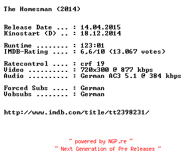 NFO for the release The.Homesman.German.BDRiP.x264-EXQUiSiTE by EXQUiSiTE