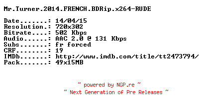 NFO for the release Mr.Turner.2014.FRENCH.BDRip.x264-RUDE by RUDE