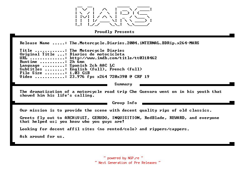 NFO for the release The.Motorcycle.Diaries.2004.iNTERNAL.BDRip.x264-MARS by MARS
