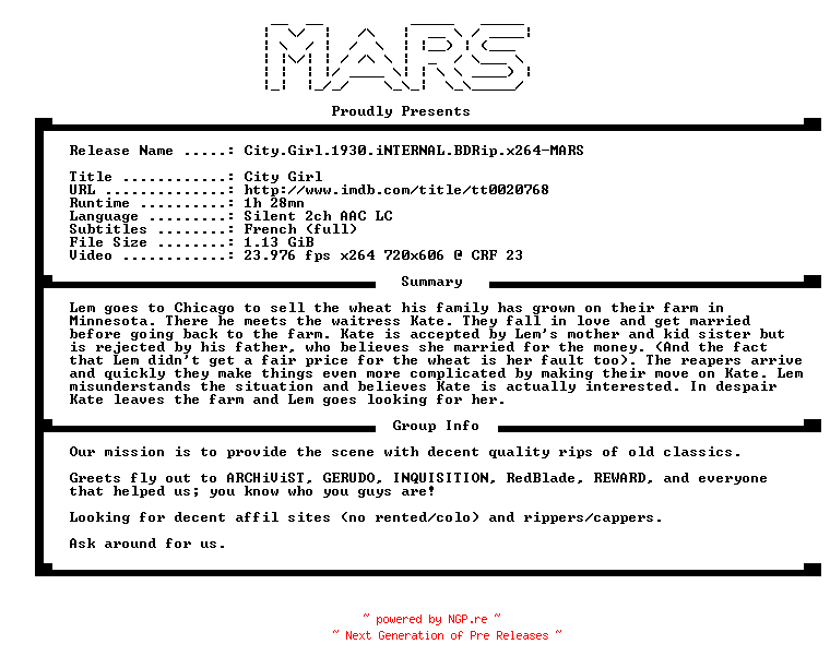 NFO for the release City.Girl.1930.iNTERNAL.BDRip.x264-MARS by MARS