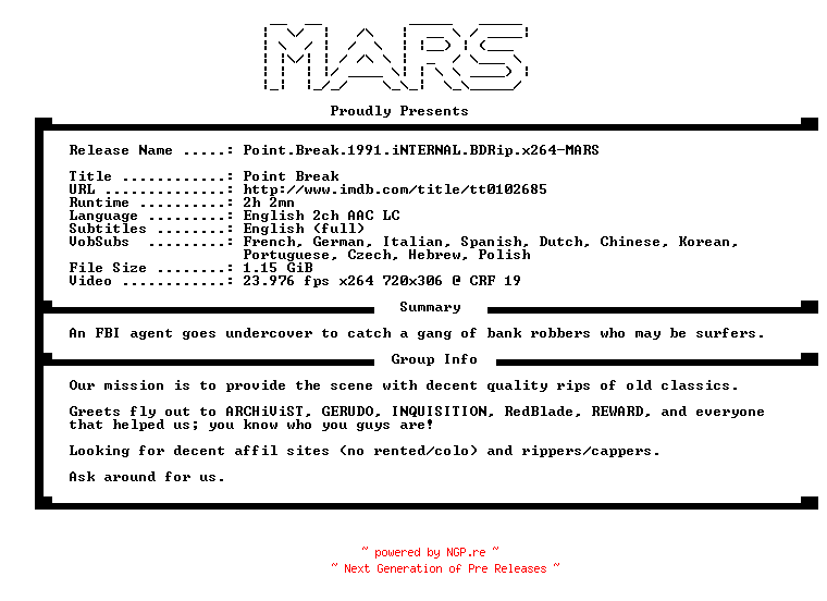NFO for the release Point.Break.1991.iNTERNAL.BDRip.x264-MARS by MARS