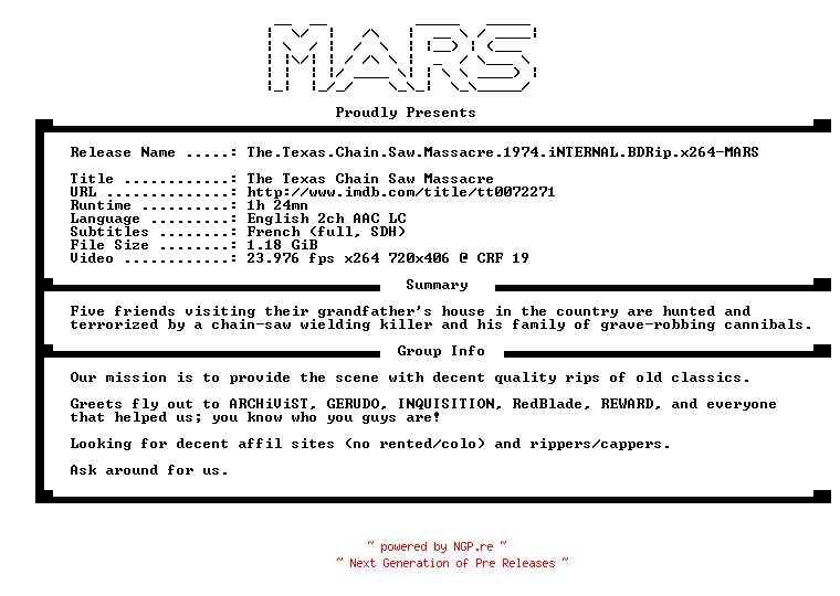 NFO for the release The.Texas.Chain.Saw.Massacre.1974.iNTERNAL.BDRip.x264-MARS by MARS