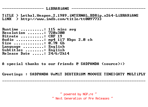 NFO for the release Lethal.Weapon.2.1989.iNTERNAL.BDRip.x264-LiBRARiANS by LiBRARiANS