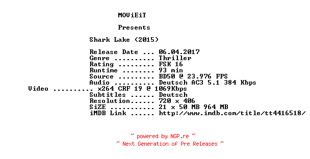 NFO for the release Shark.Lake.German.2015.AC3.BDRip.x264-MOViEiT by MOViEiT