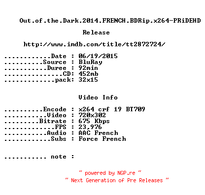 NFO for the release Out.of.the.Dark.2014.FRENCH.BDRip.x264-PRiDEHD by PRiDEHD