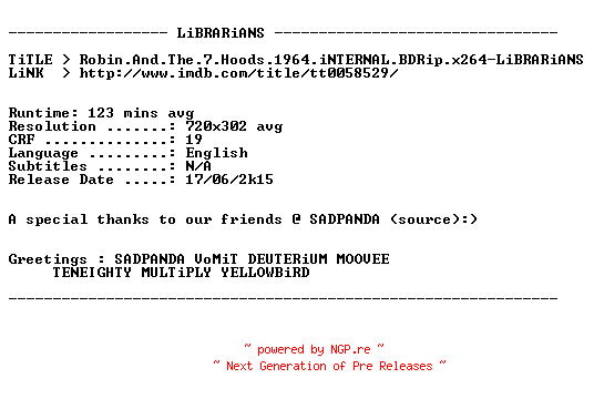 NFO for the release Robin.And.The.7.Hoods.1964.iNTERNAL.BDRip.x264-LiBRARiANS by LiBRARiANS