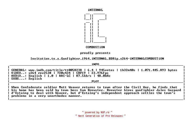 NFO for the release Invitation.to.a.Gunfighter.1964.iNTERNAL.BDRip.x264-iNTERNALCOMBUSTiON by iNTERNALCOMBUSTiON