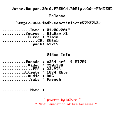 NFO for the release Votez.Bougon.2016.FRENCH.BDRip.x264-PRiDEHD by PRiDEHD