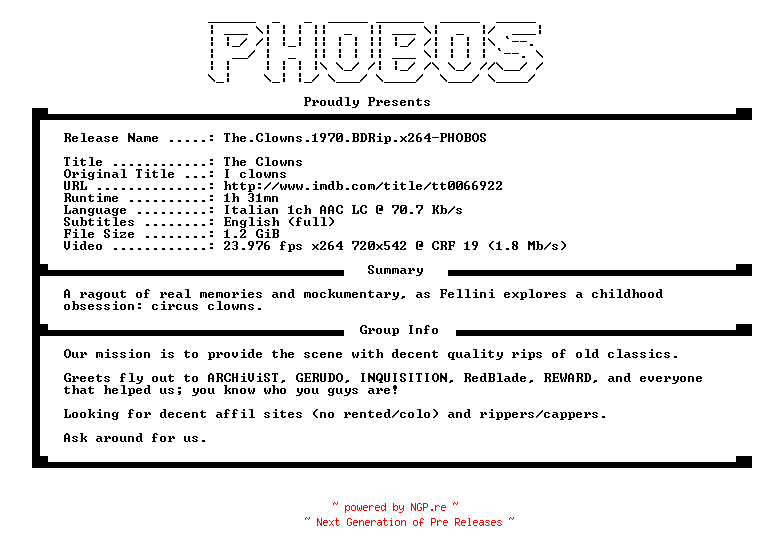 NFO for the release The.Clowns.1970.BDRip.x264-PHOBOS by PHOBOS