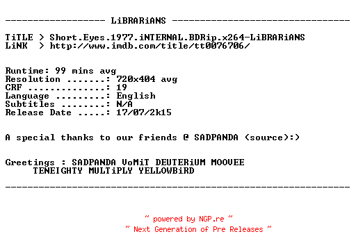 NFO for the release Short.Eyes.1977.iNTERNAL.BDRip.x264-LiBRARiANS by LiBRARiANS