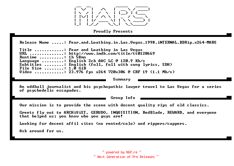NFO for the release Fear.and.Loathing.in.Las.Vegas.1998.iNTERNAL.BDRip.x264-MARS by MARS