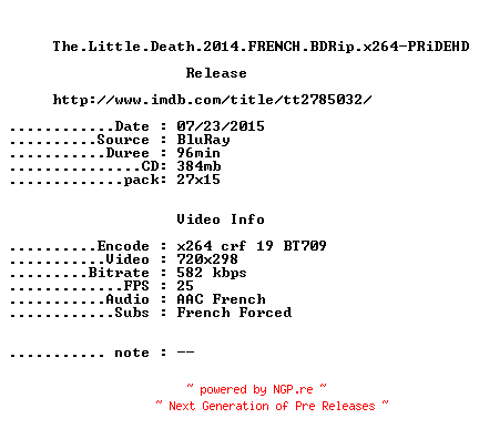 NFO for the release The.Little.Death.2014.FRENCH.BDRip.x264-PRiDEHD by PRiDEHD