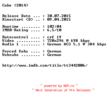 NFO for the release Cake.German.2014.AC3.BDRiP.x264-EXQUiSiTE by EXQUiSiTE