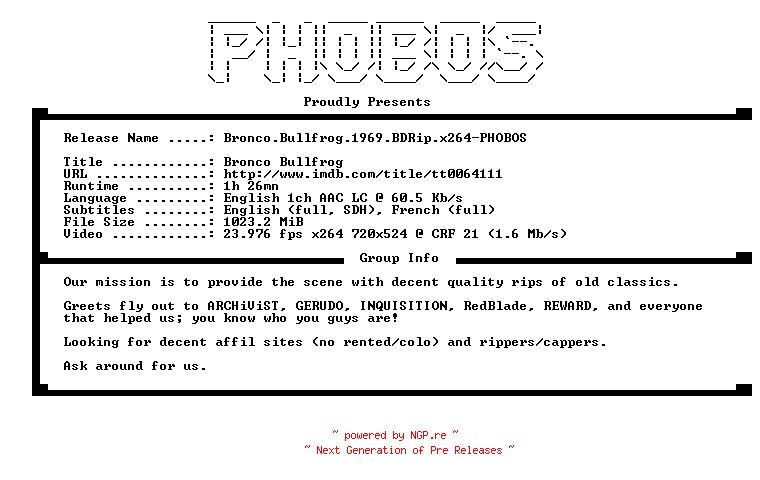 NFO for the release Bronco.Bullfrog.1969.BDRip.x264-PHOBOS by PHOBOS