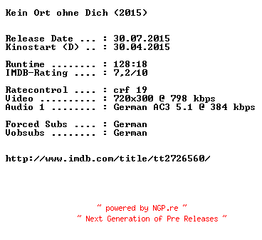 NFO for the release Kein.Ort.ohne.Dich.German.2015.AC3.BDRiP.x264-EXQUiSiTE by EXQUiSiTE