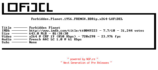 NFO for the release Forbidden.Planet.1956.FRENCH.BDRip.x264-LOFiDEL by LOFiDEL