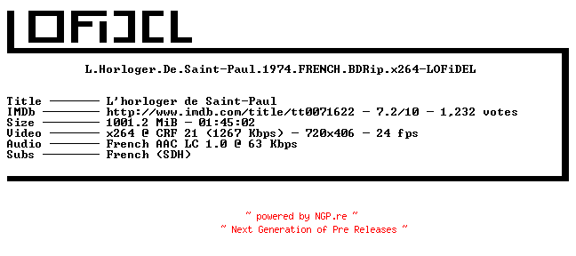 NFO for the release L.Horloger.De.Saint-Paul.1974.FRENCH.BDRip.x264-LOFiDEL by LOFiDEL