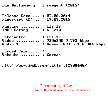 NFO for the release Die.Bestimmung.Insurgent.German.2015.AC3.BDRiP.x264-EXQUiSiTE by EXQUiSiTE