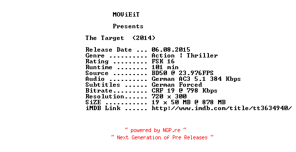 NFO for the release The.Target.German.2014.AC3.BDRip.x264-MOViEiT by MOViEiT