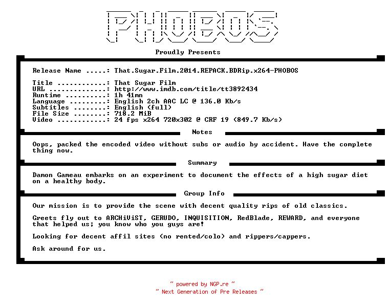 NFO for the release That.Sugar.Film.2014.REPACK.BDRip.x264-PHOBOS by PHOBOS