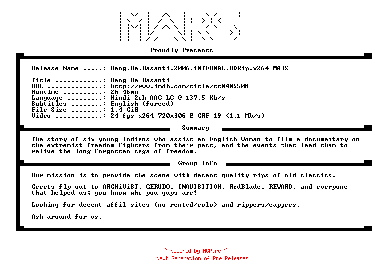 NFO for the release Rang.De.Basanti.2006.iNTERNAL.BDRip.x264-MARS by MARS