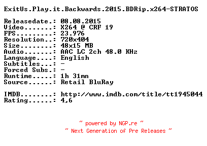 NFO for the release ExitUs.Play.it.Backwards.2015.BDRip.x264-STRATOS by STRATOS